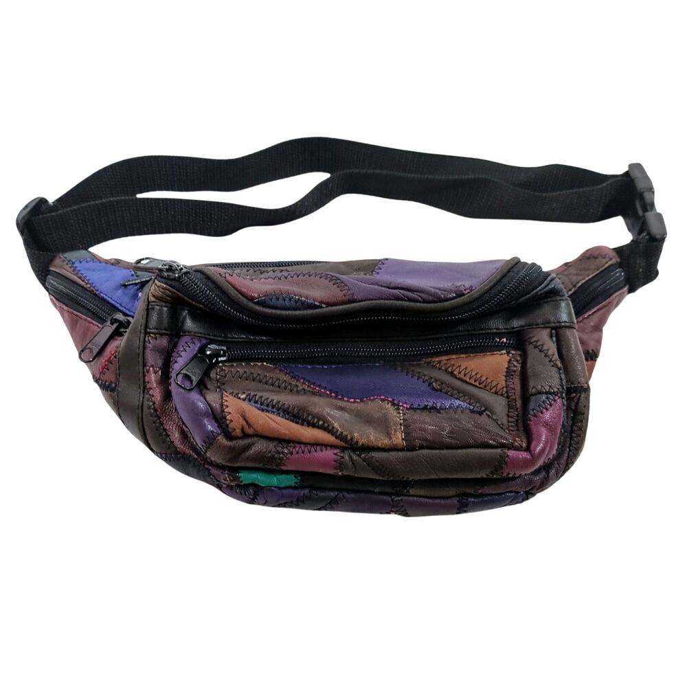 VTG Leather Patchwork Fanny Pack Brown Purple Blue Tan Belt Bag 9 x 5.5 x 3" 80s - Picture 1 of 10